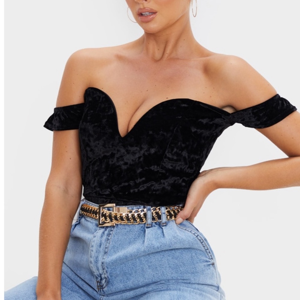 Black Crushed Velvet V Wire Bardot Bodysuit